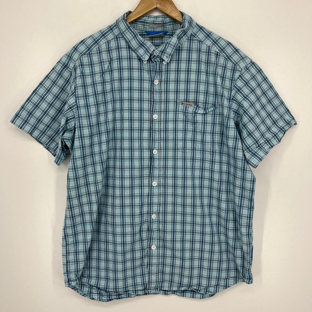 Columbia Mens Plaid Short Sleeve Button Down Shirt Blue Regular Fit XL